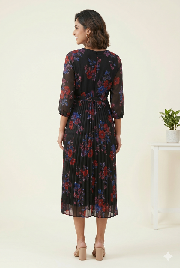 Women's Black Floral Printed Pleated Midi Dress