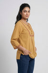 Womens Mustard Embroidered Tie-Up Neck Pleated Top