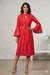 Women's Red Floral Printed Belted Midi Dress with Bell Sleeves