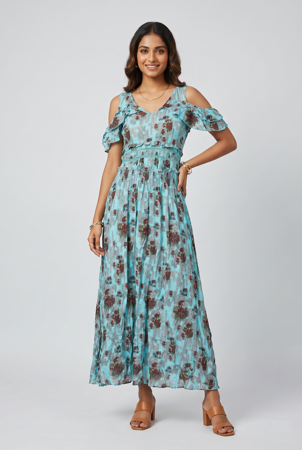 Aqua Blossom Cold Shoulder Maxi Dress