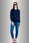 Women's Solid Navy Blue Round Neck Knitted Cardigan