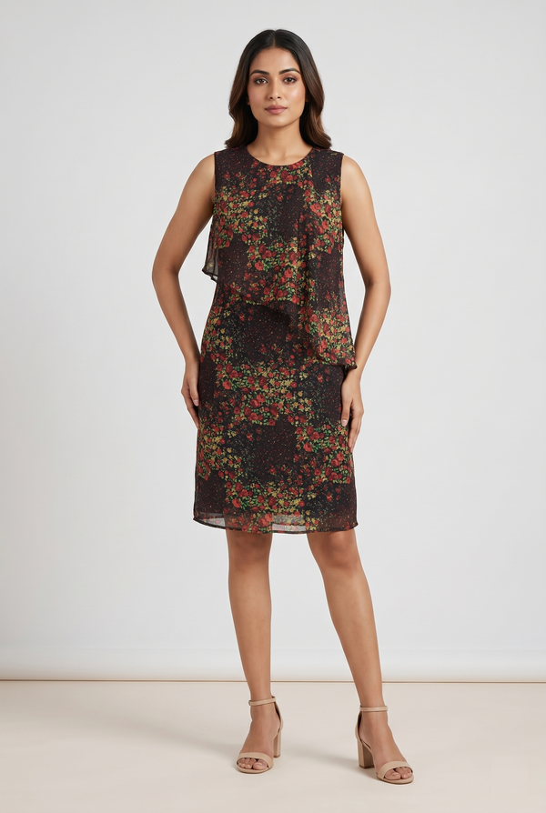 Noir Blossom Layered Shift Dress