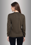Women's Solid Olive Green Round Neck Knitted Cardigan
