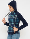 Moda Elementi Stylish Navy Blue Hooded Jacket with Plaid Paneling