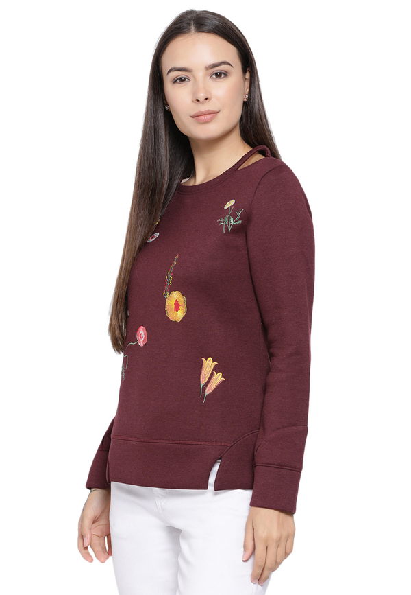 Women's Maroon Floral Embroidered Round Neck Sweatshirt