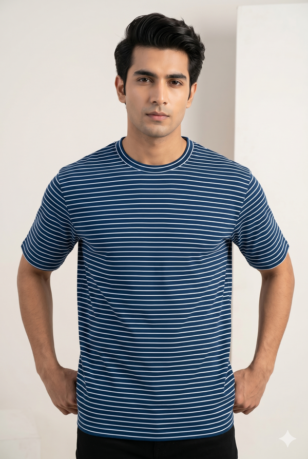 Men's Navy Blue Striped Crew Neck T-Shirt