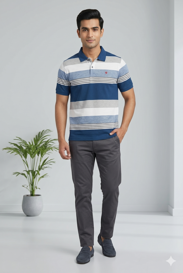 Men's Blue Multi-Stripe Polo T-Shirt