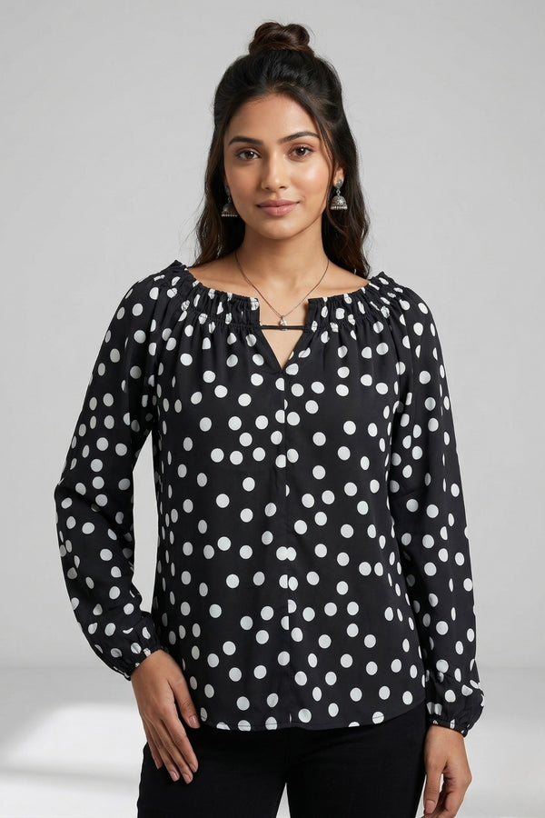 Women Polka Dot Smocked Neck Top