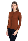 Women's Solid Rust Brown Round Neck Knitted Cardigan