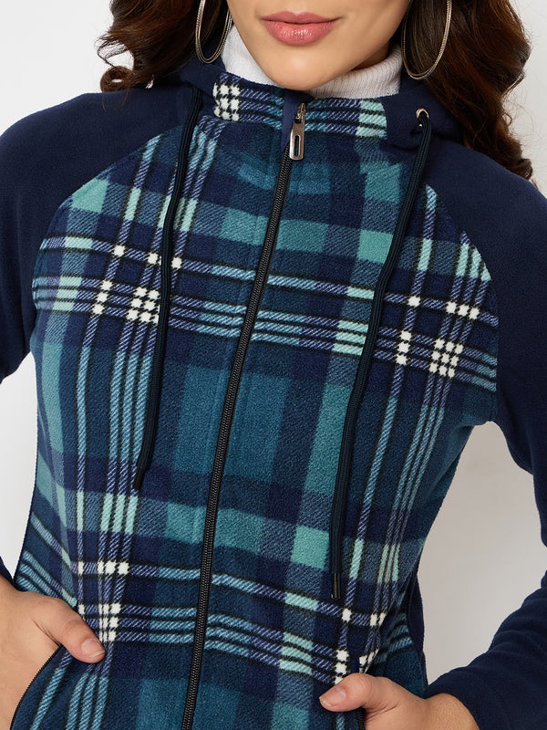 Moda Elementi Stylish Navy Blue Hooded Jacket with Plaid Paneling