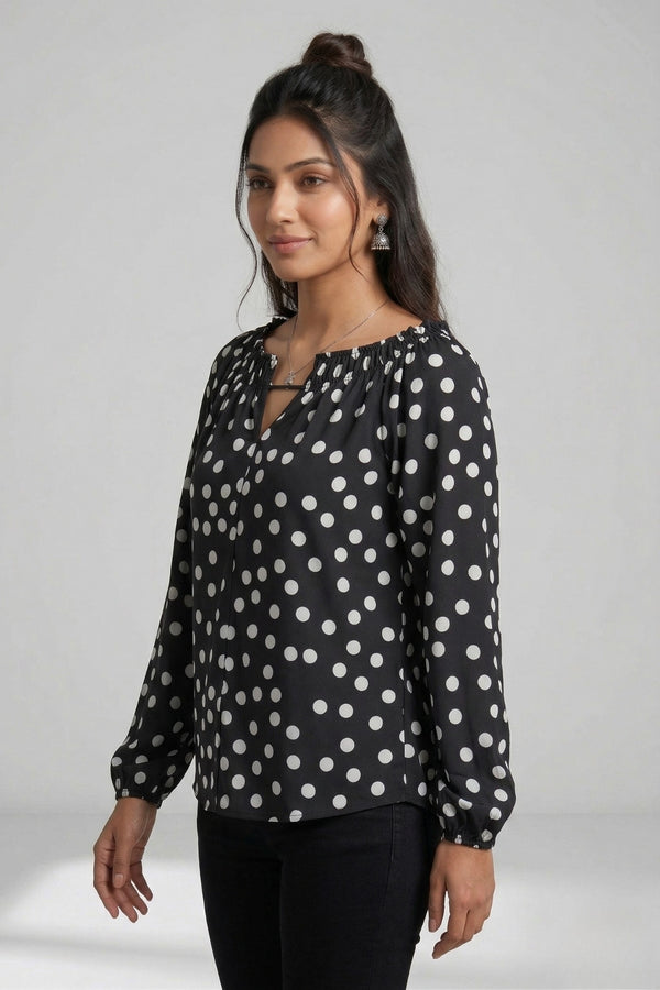 Women Polka Dot Smocked Neck Top
