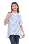 Women's Light Blue and White Striped High-Low Shirt Top