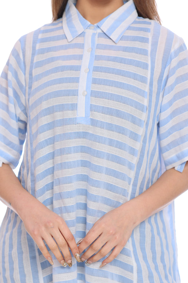 Women's Light Blue and White Striped High-Low Shirt Top