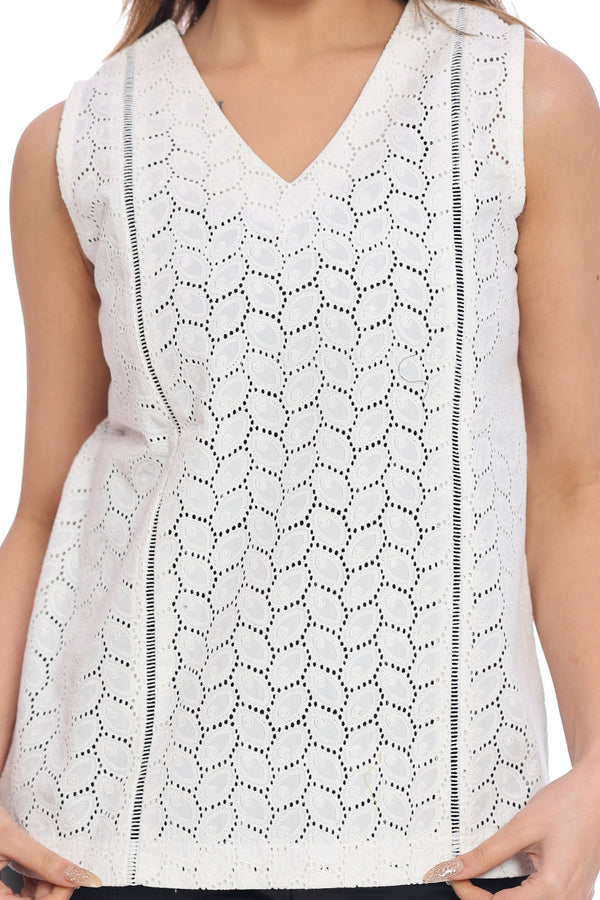 Women's White Cotton Eyelet Sleeveless Top