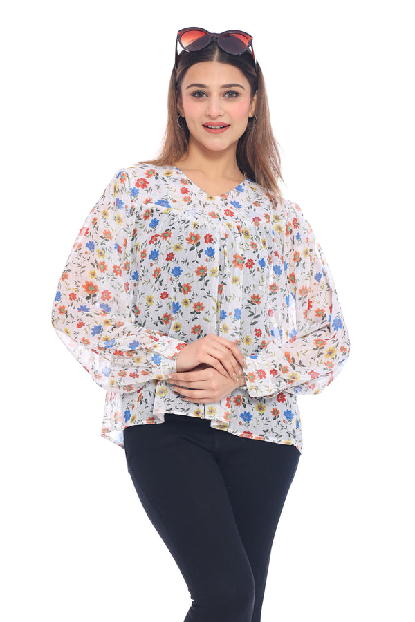 Women's White Multicolor Floral Printed Sheer Top