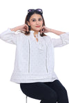 Women's White Printed Top with Tie-Up Neck and Pintuck Details