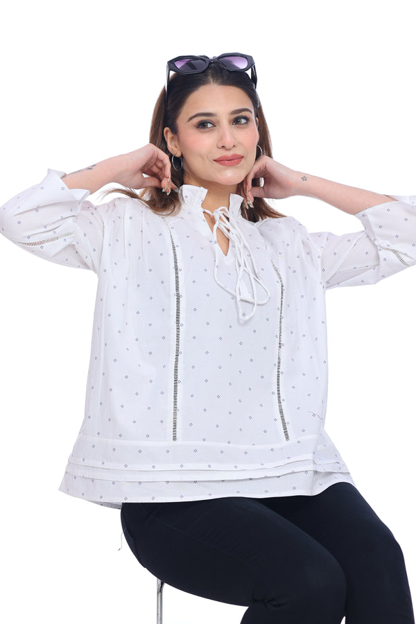 Women's White Printed Top with Tie-Up Neck and Pintuck Details