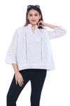 Women's White Printed Top with Tie-Up Neck and Pintuck Details