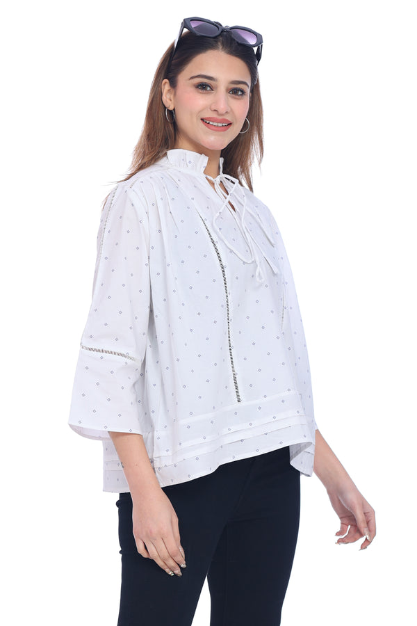 Women's White Printed Top with Tie-Up Neck and Pintuck Details