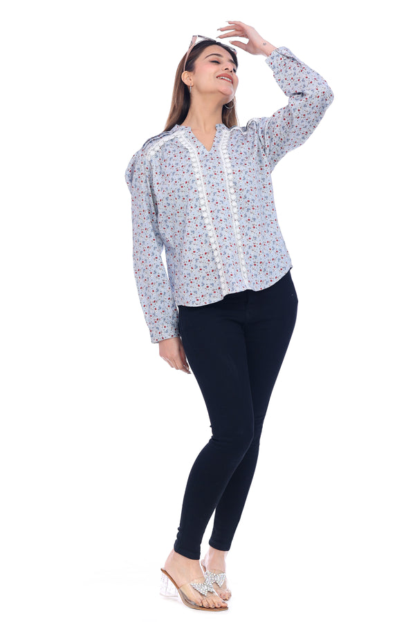 Women's Light Blue Floral Printed Lace Detail Top