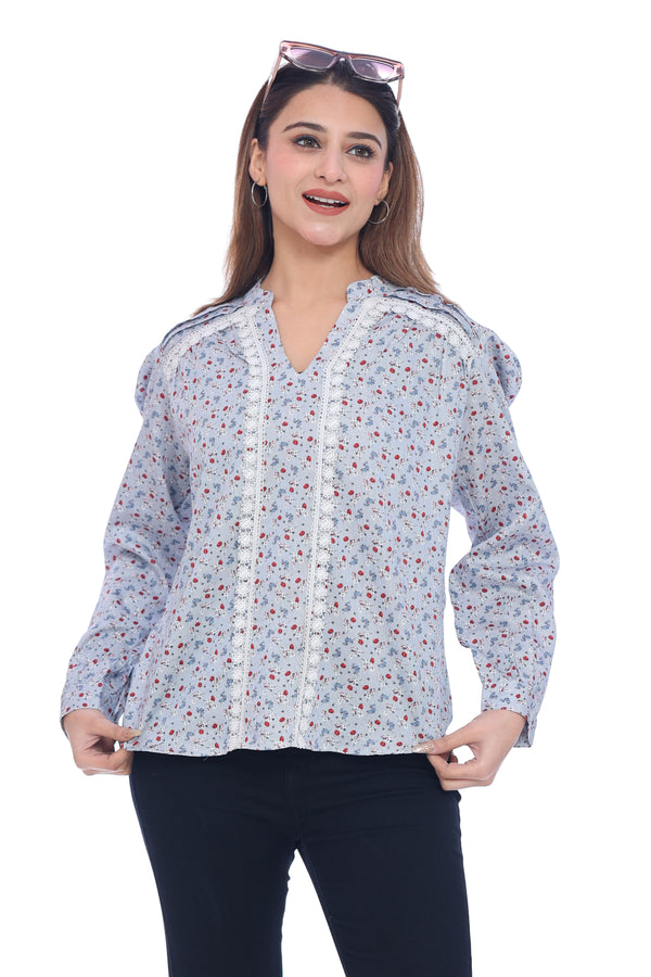 Women's Light Blue Floral Printed Lace Detail Top