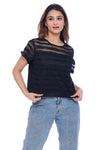 Women's Black Sheer Striped Embellished Top