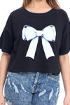 Women's Black Crop Top with White Bow Print