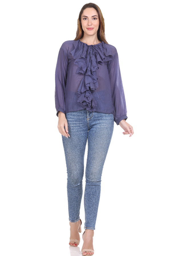Blue Solid Polyster Regular long sleeves Top