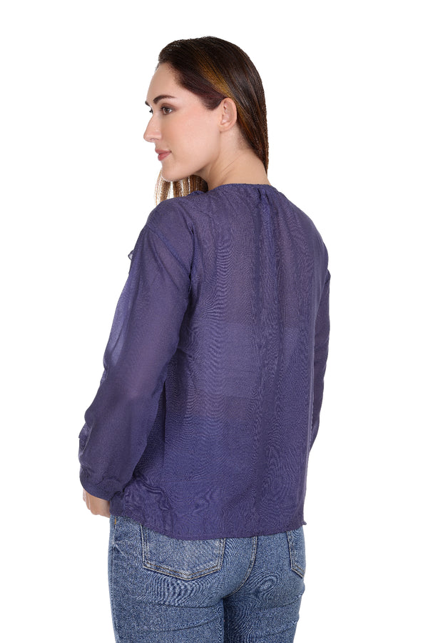 Blue Solid Polyster Regular long sleeves Top
