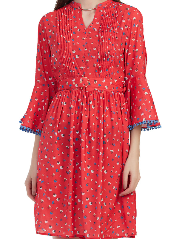 Pleated Flower Printed Medium Length Dress