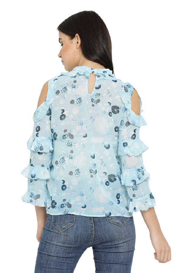 Flower art Sleeve Top_Tie Neck Top