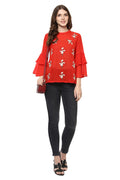 Floral Embroidery Bell Sleeve Top - MODA ELEMENTI
