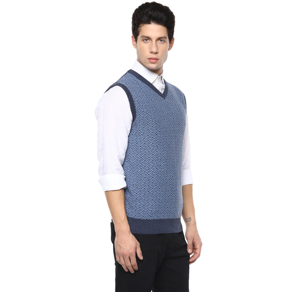 Axmann V Neck Self Designed Sleeveless Sweater - MODA ELEMENTI