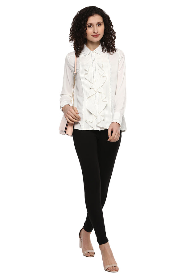 Front Ruffle Solid Casual Shirt - MODA ELEMENTI