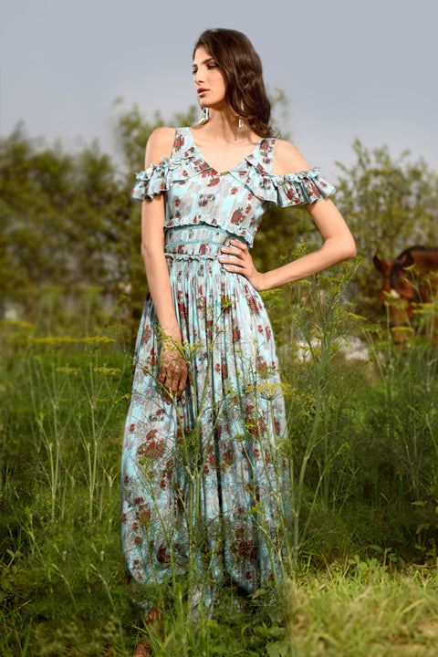 Floral Breeze Cold Shoulder Maxi Dress - MODA ELEMENTI