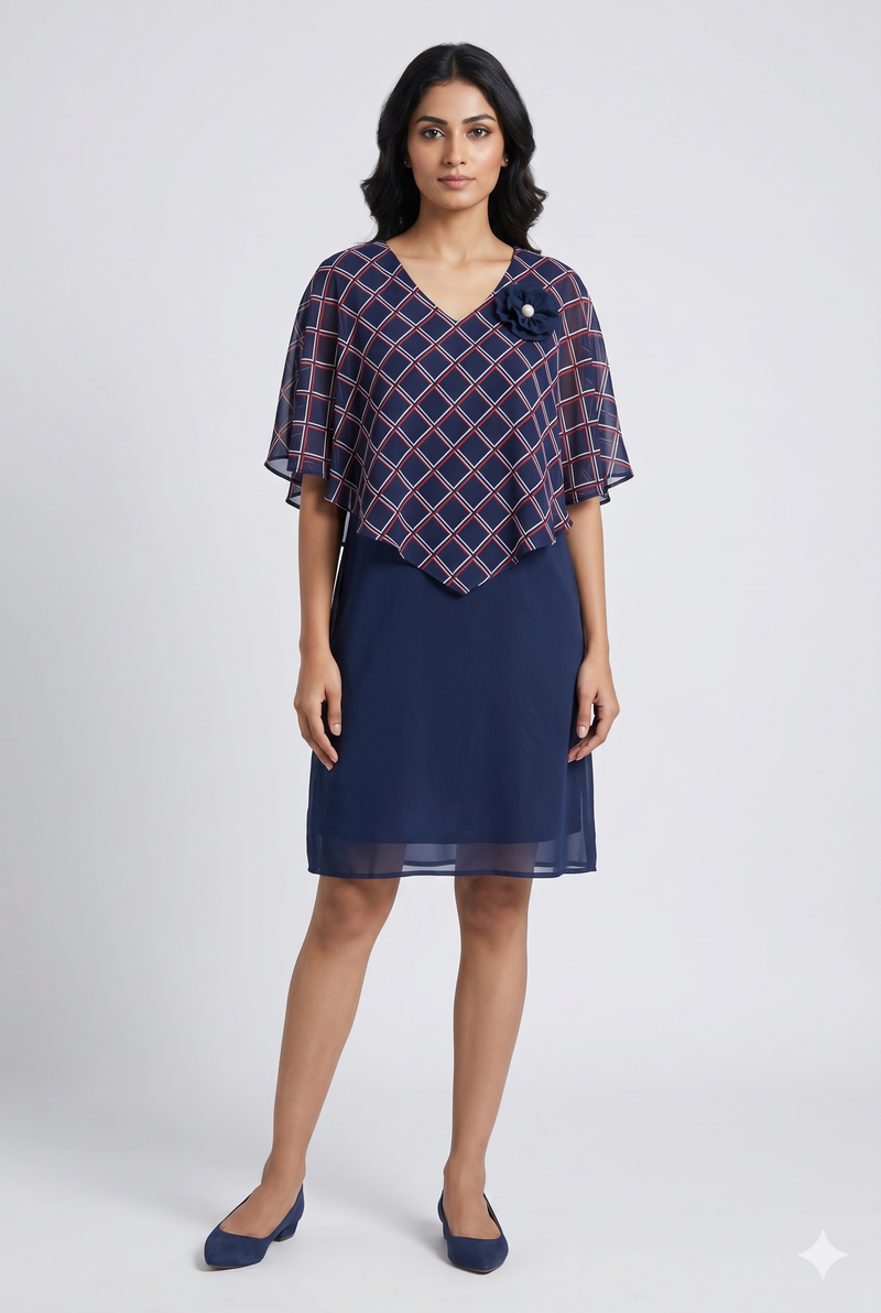 Women's Navy Blue Layered Cape Dress