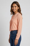 Womens Peach Self-Design Tie-Up Neck Top