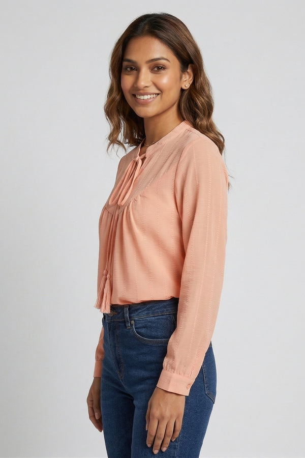 Womens Peach Self-Design Tie-Up Neck Top
