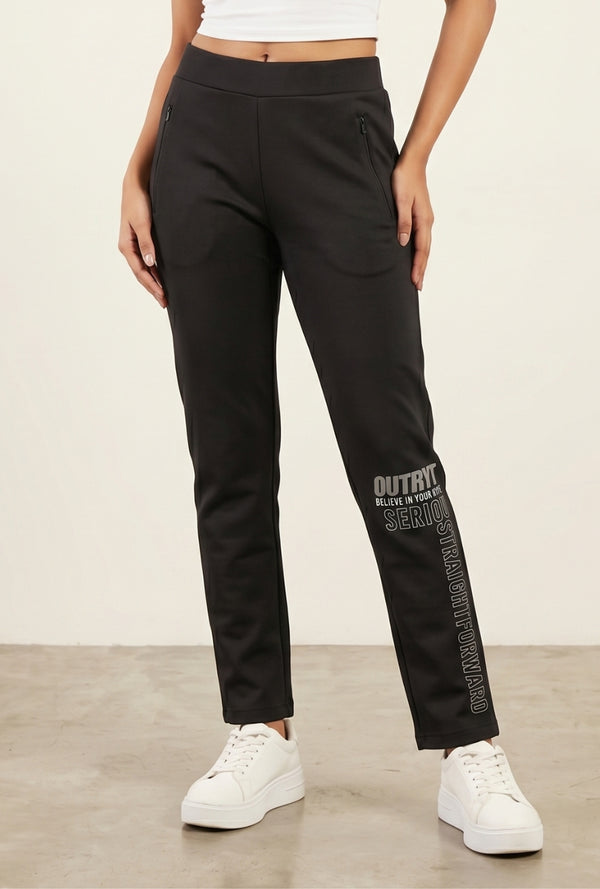 Women's Black Graphic Print Slim-Fit Track Pants