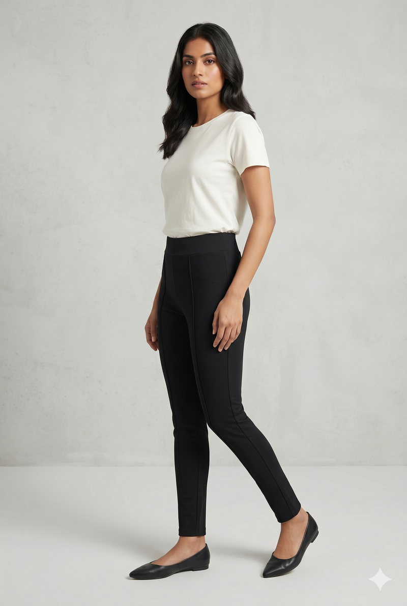 Women's Black Slim Fit Ponte Pants with High Waist