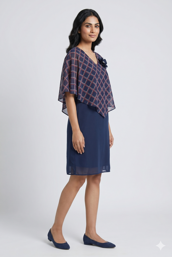 Women's Navy Blue Layered Cape Dress