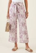 Women's Lilac Printed Wide-Leg Culotte Pants with Tie-Up Belt