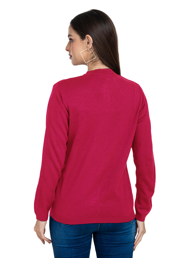 Women's Solid Pink Round Neck Knitted Cardigan
