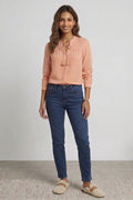 Womens Peach Self-Design Tie-Up Neck Top