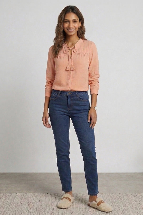 Womens Peach Self-Design Tie-Up Neck Top
