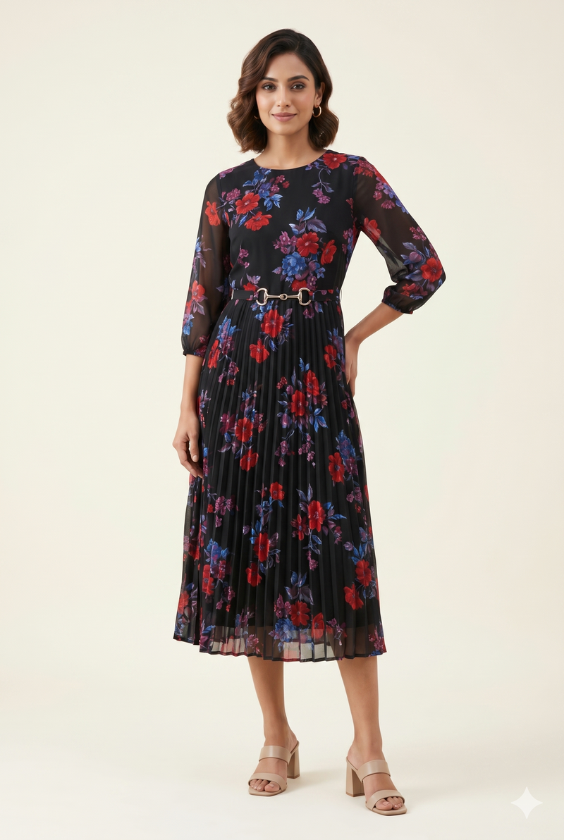 Women's Black Floral Printed Pleated Midi Dress