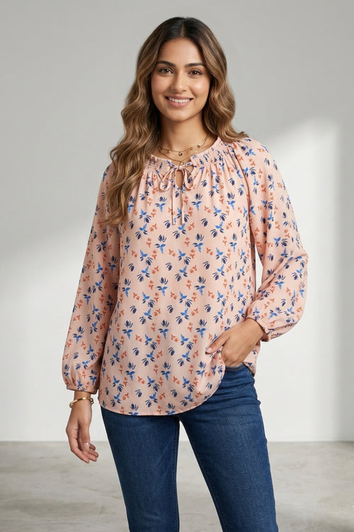 Women Peach Floral Print Peasant Style Top