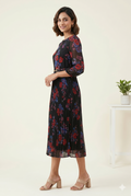Women's Black Floral Printed Pleated Midi Dress