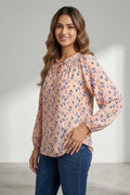 Women Peach Floral Print Peasant Style Top