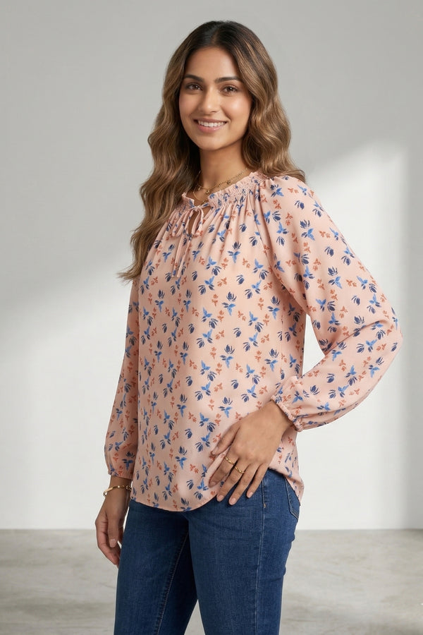 Women Peach Floral Print Peasant Style Top